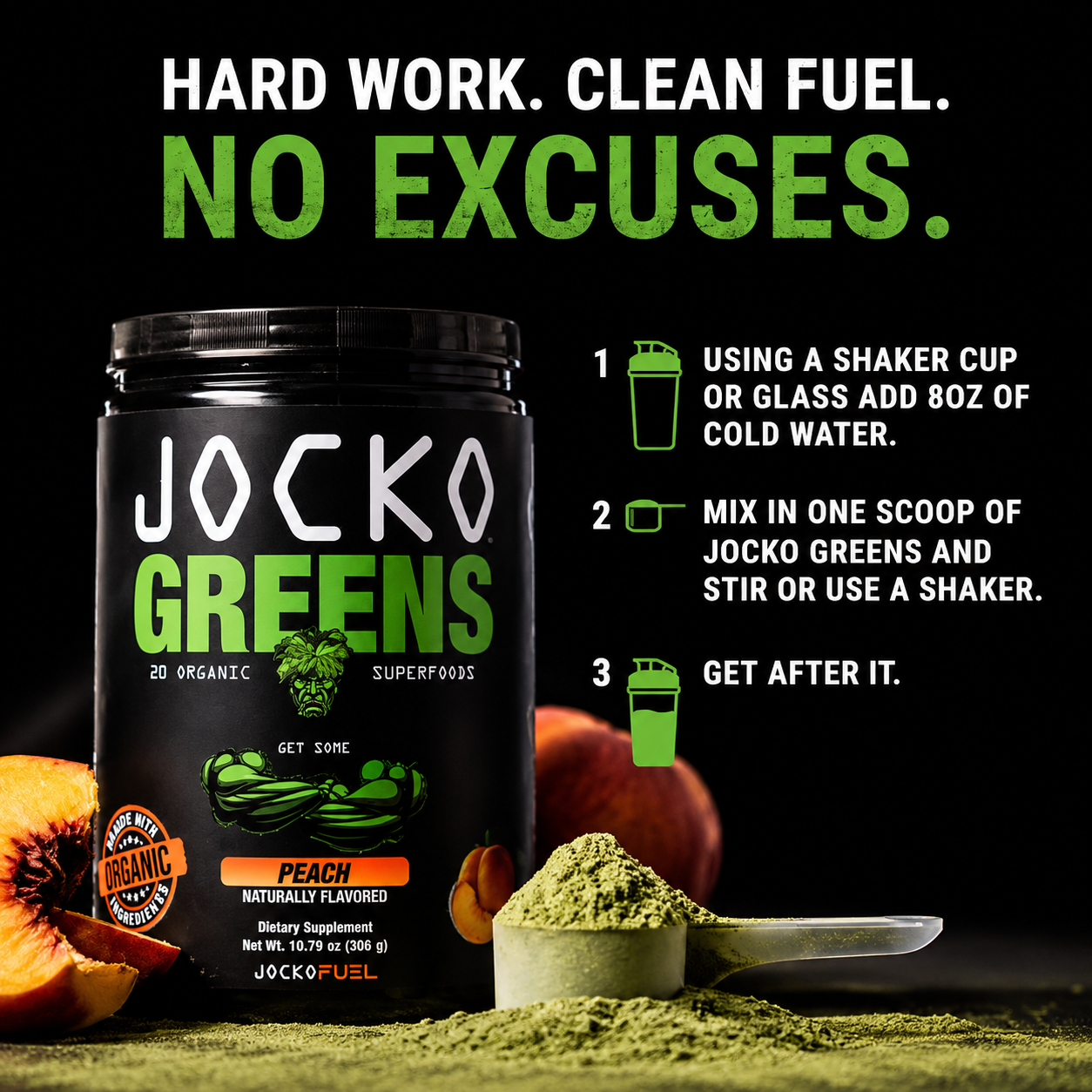 Jocko Greens Organic Superfoods Peach Flavor Supplement | Premium Greens Powder Product Image