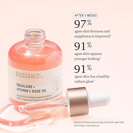 BIOSSANCE Squalane + Vitamin C Rose Advanced Facial Oil – Brightening, Firming & Hydrating Face Oil with Squalane, Vitamin C, Chios Crystal Oil & Damascus Rose Extract for All Skin Types