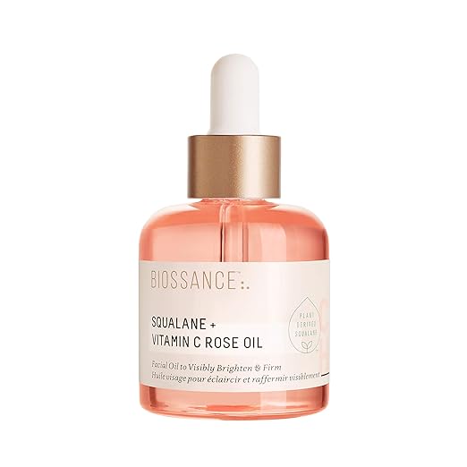 BIOSSANCE Squalane + Vitamin C Rose Advanced Facial Oil – Brightening, Firming & Hydrating Face Oil with Squalane, Vitamin C, Chios Crystal Oil & Damascus Rose Extract for All Skin Types