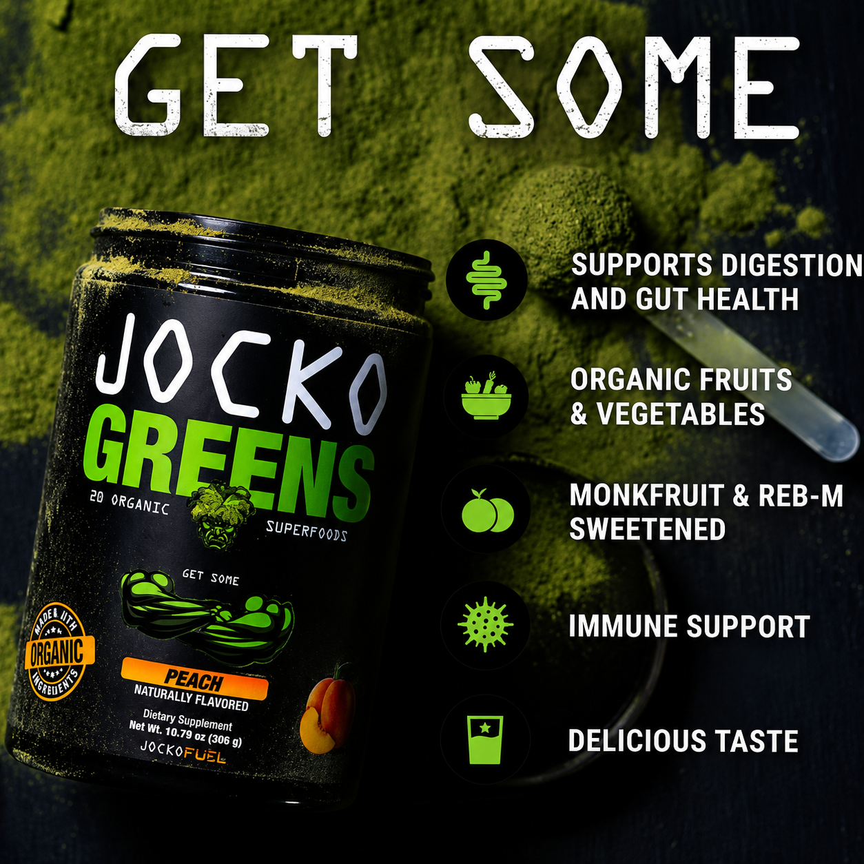Jocko Greens Organic Superfoods Peach Flavor Supplement | Premium Greens Powder Product Image
