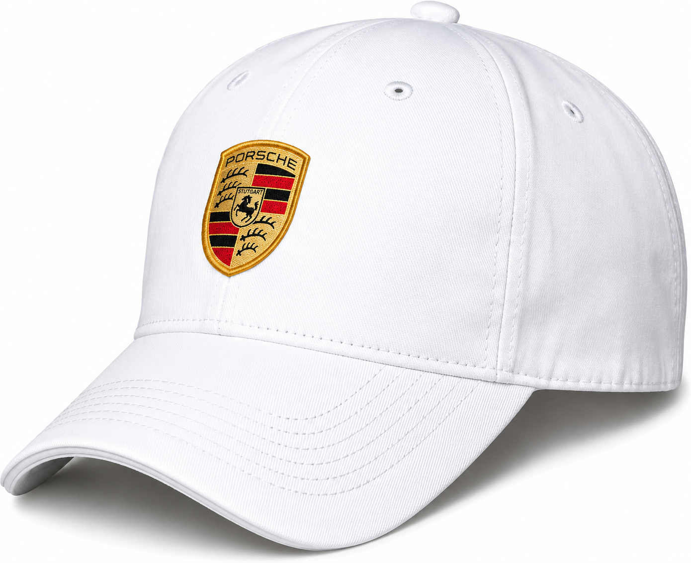White Luxury Baseball Cap with Embroidered Shield Logo | Premium Cotton Adjustable Hat Isolated on White Background