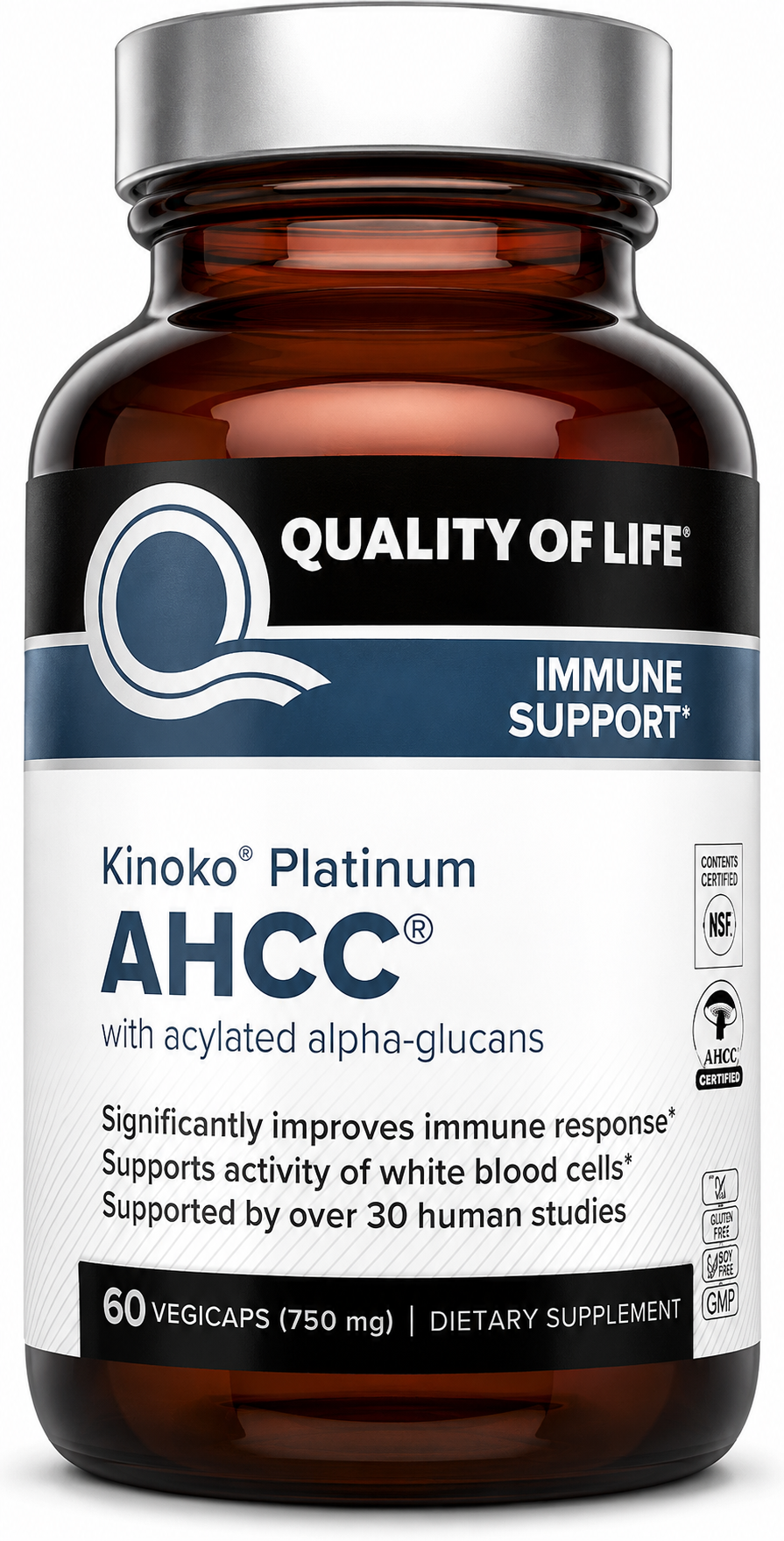 Premium AHCC Immune Support Dietary Supplement Bottle | Amber Glass Veggie Capsules Isolated on White Background