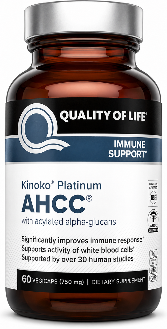 Premium AHCC Immune Support Dietary Supplement Bottle | Amber Glass Veggie Capsules Isolated on White Background