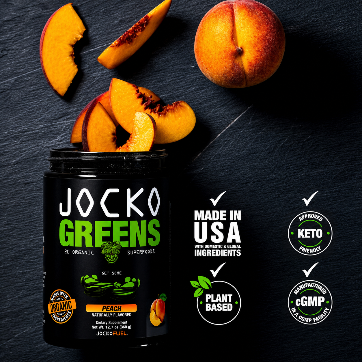 Jocko Greens Organic Superfoods Peach Flavor Supplement | Premium Greens Powder Product Image